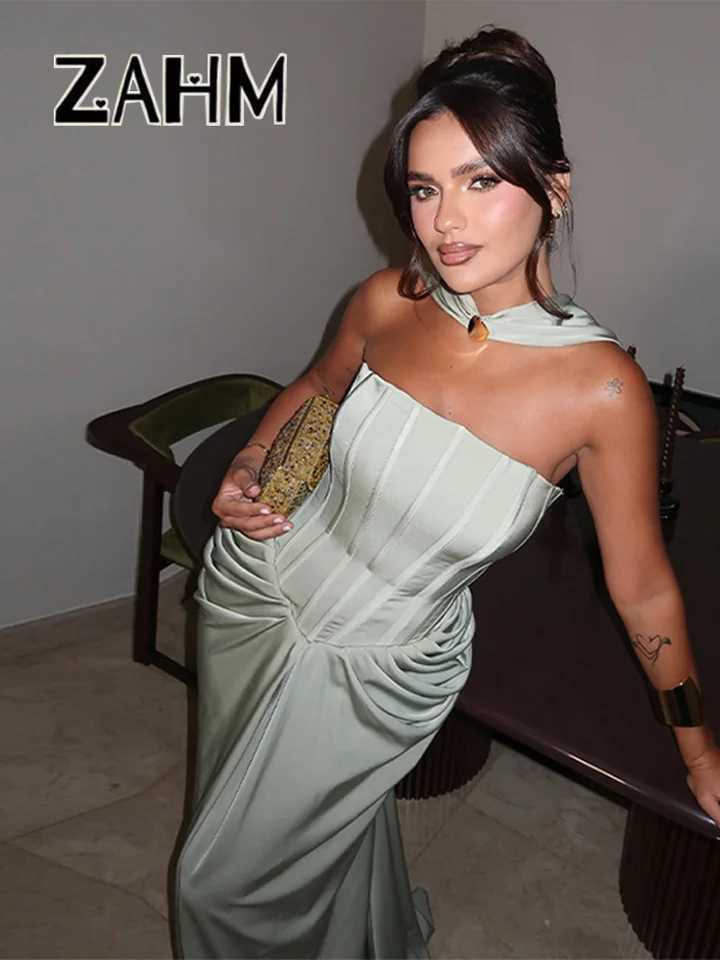 Elegant Pleated Party Long Dress Women With Scarf Satin Sleeveless Backless Evening A-line Dresses 2025 Summer Lady Robes XJ250610
