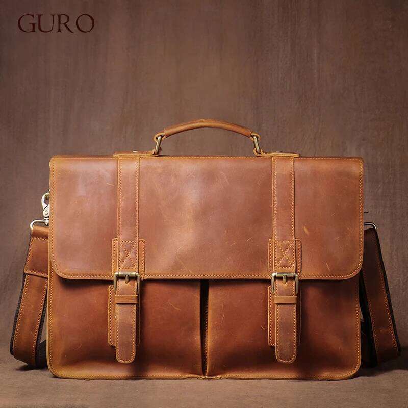 GURO Top Original Cowhide Briefcase Men Design Real Leather Handbag Higher Quality Shoulder Messenger File Laptop Bag