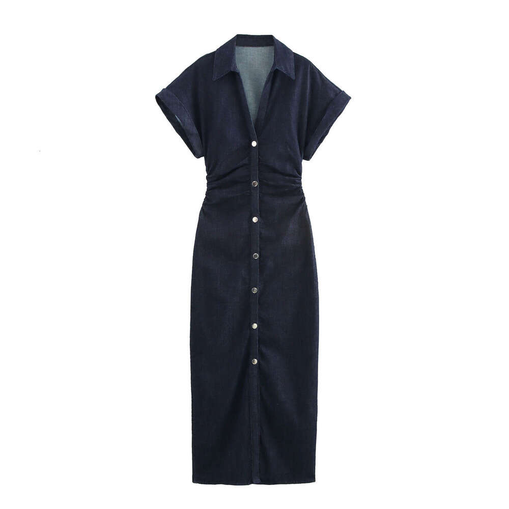 Spring New Style Denim Waist-Cinching Ruched Short-Sleeve Dress2284576 B5