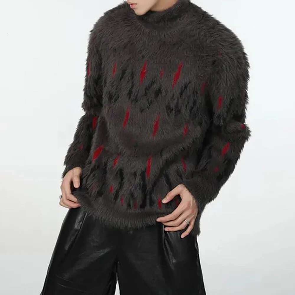 Mens Sweater Punk Goth Y2k Knitted Pullover Shaggy Faux Fur Streetwear Turtleneck Baggy Fit Winter Fashion Tops Men's Clothes
