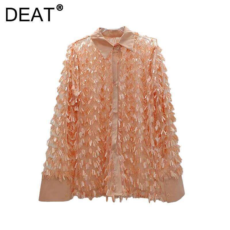 DEAT Women Shirt Loose Patchwork Sequins Single Breasted Sunscreen Perspective Thin Style Blouse Summer 2025 New Fashion 29A1147