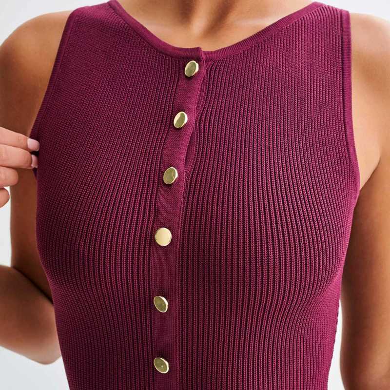 Fashion Knitted Long Dress For Women Elegant Sleeveless Button Maxi Sweater Bodycon Dresses Female Party Fashion Vestidos 2024 N XJ250610