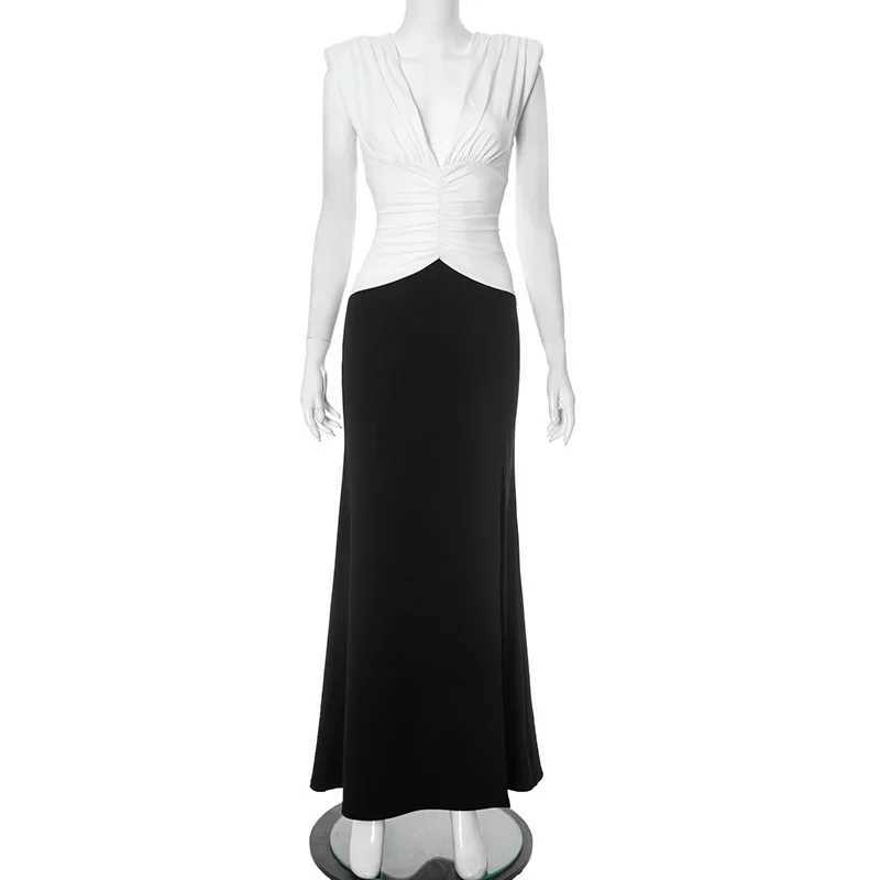 Summer Sleeveless V Neck Sexy Party Club Maxi A Line Dress Outfits Women Patchwork Backless Bodycon Split Long Evening Dresses XJ250610