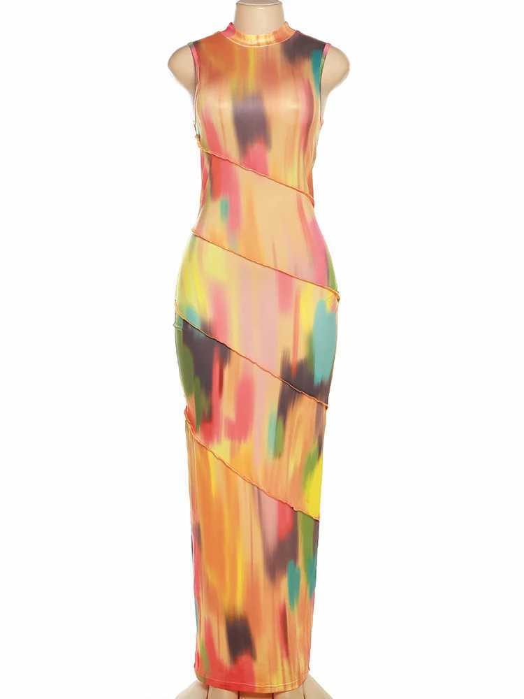 Weird Puss Colorful Print Dress Women Summer Trend Sleeveless Patchwork Skinny Elastic Bodycon Birthday Party Clubwear Dresses XJ250610