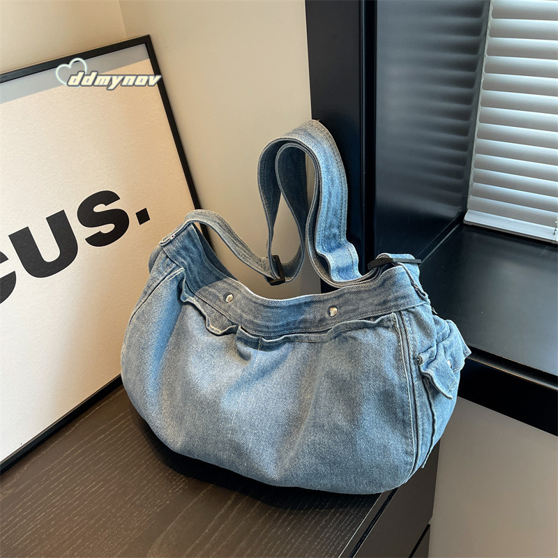New INS Washed Denim Crossbody Bag for Women, Artistic Large Capacity Shoulder Bag, Trendy Fashion Student Backpack ddmynov