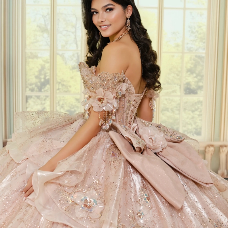 Pink Shiny Off The Shoulder Ball Gown Quinceanera Dresses Appliques Flower Beading Crystal Bow Tull Sweet 16 Dress vestidos 15 Anos