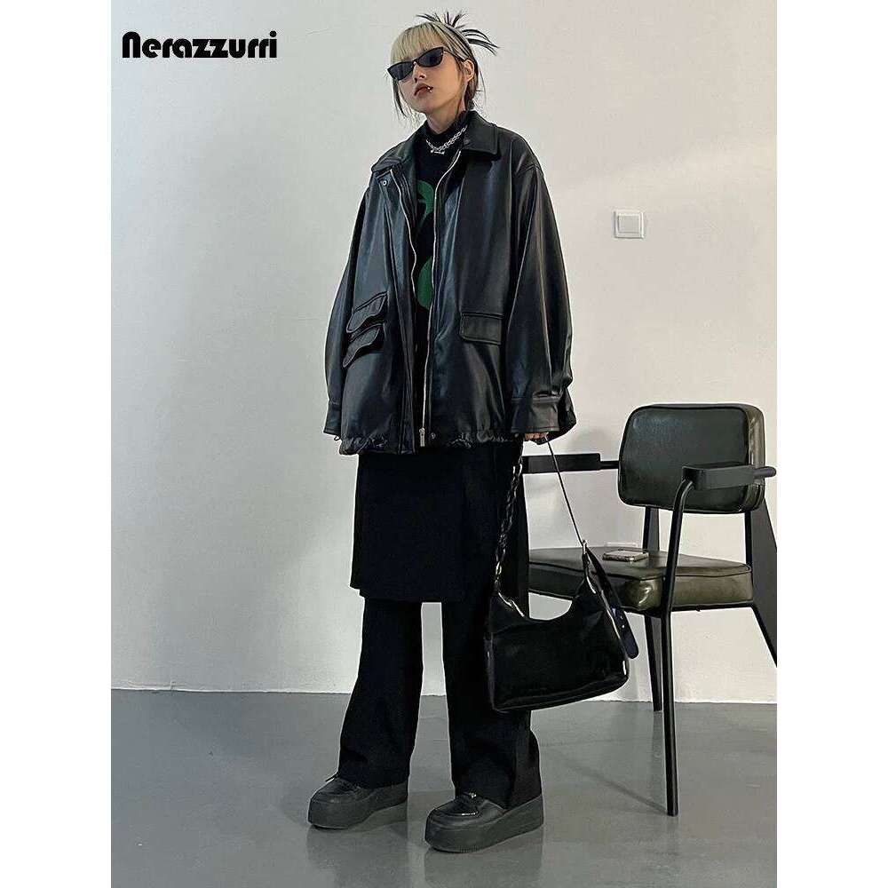 Nerazzurri Spring Autumn Black Oversized Faux Jackets for Women Zippper Loose Cool Casual Soft Pu Leather Jacket 2023