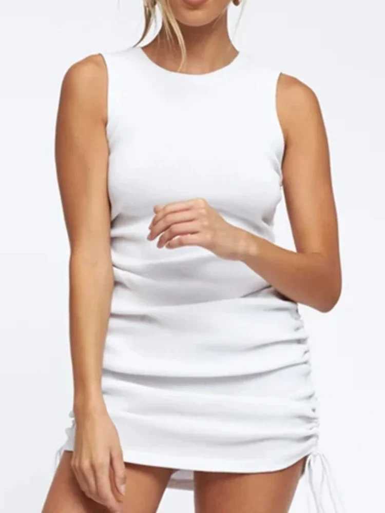Sexy Lace Up Drawstring Folds Knitting Slim Bodycon Dress Women Sleeveless Solid Color Skinny Dress Elegant Club Party Dresses XJ250610
