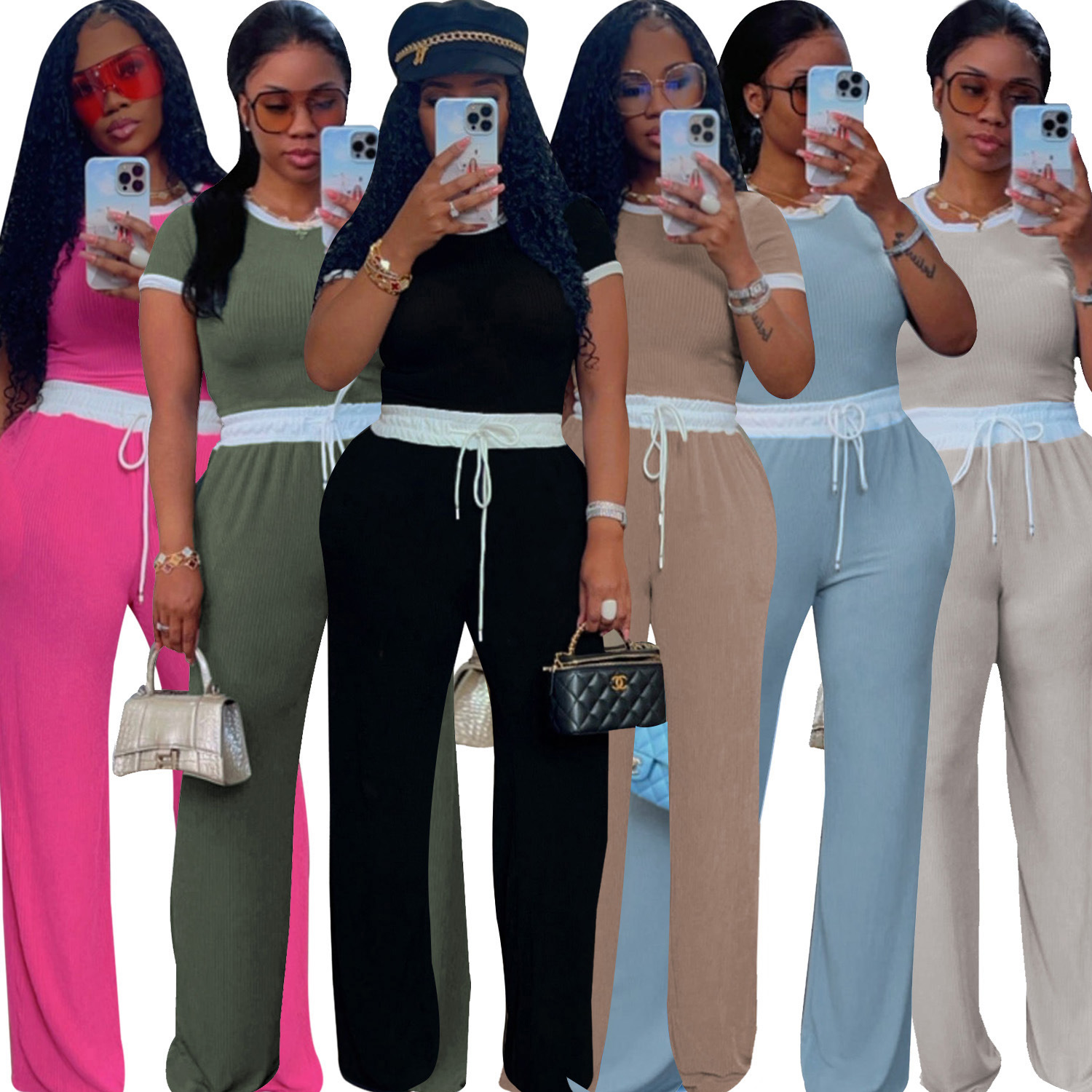 Designer women set Summer casual street daily ribbed color-blocking round-neck short-sleeved pants set Women sportswear two-piece long pants set
