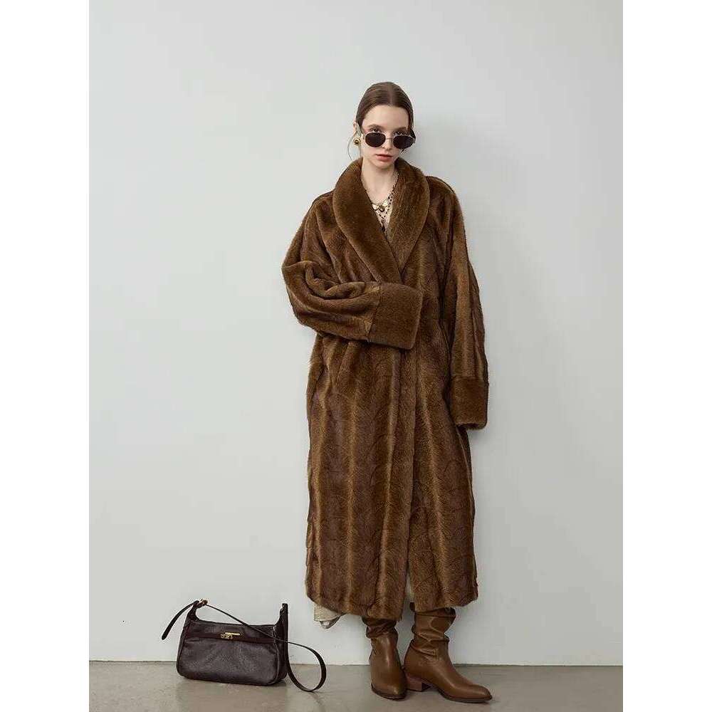 Lautaro Autumn Winter Long Vintage Elegant Chic Thick Warm Soft Brown Fluffy Faux Mink Fur Coat Women Shawl Collar 2025