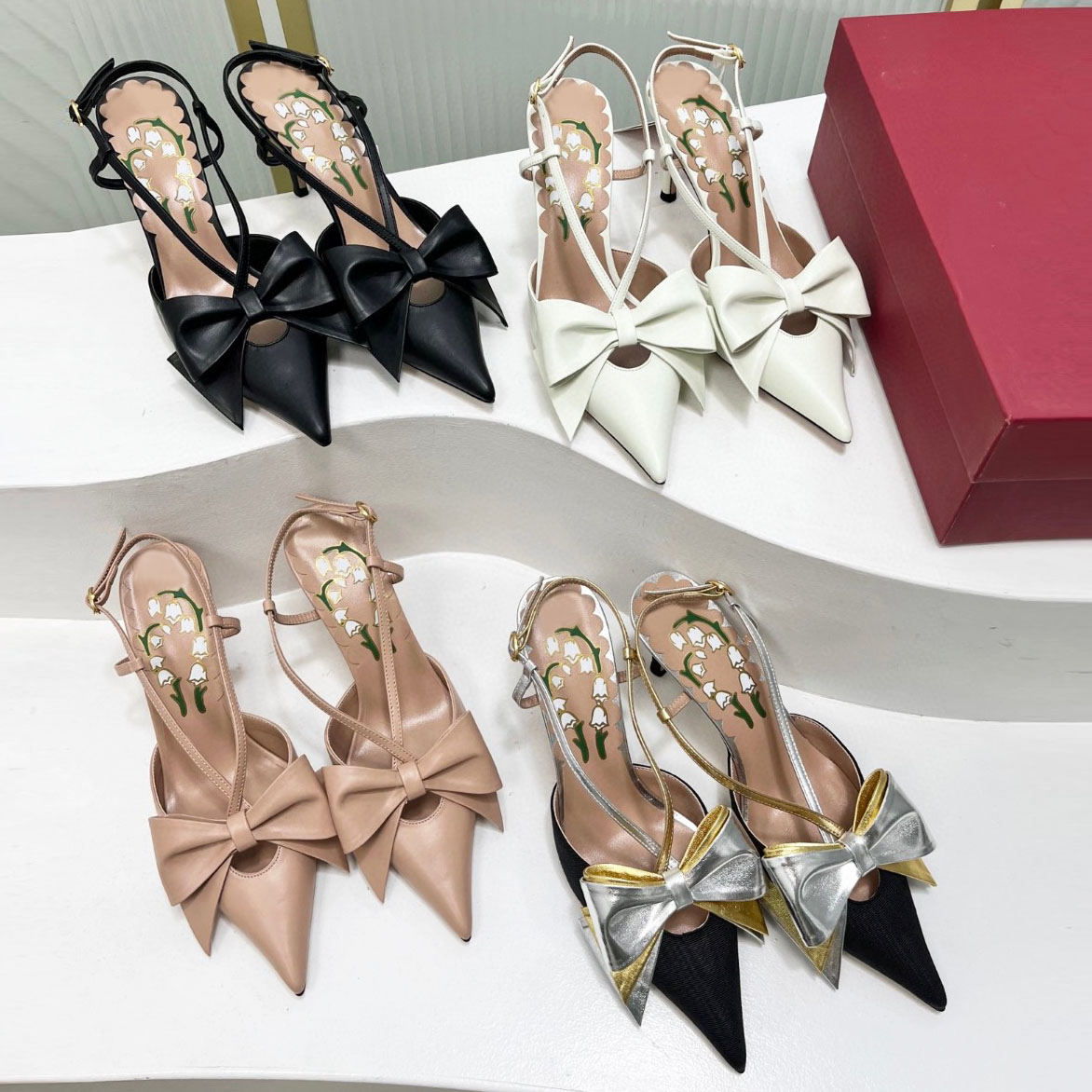 designer shoes Bowow Slingback Pumps ln Kidskin 85mm Woman lvory Nude Pink Fashion Pointed Toes Stiletto Heel floral pattern Ankle Strap High-heeled sandals With Box