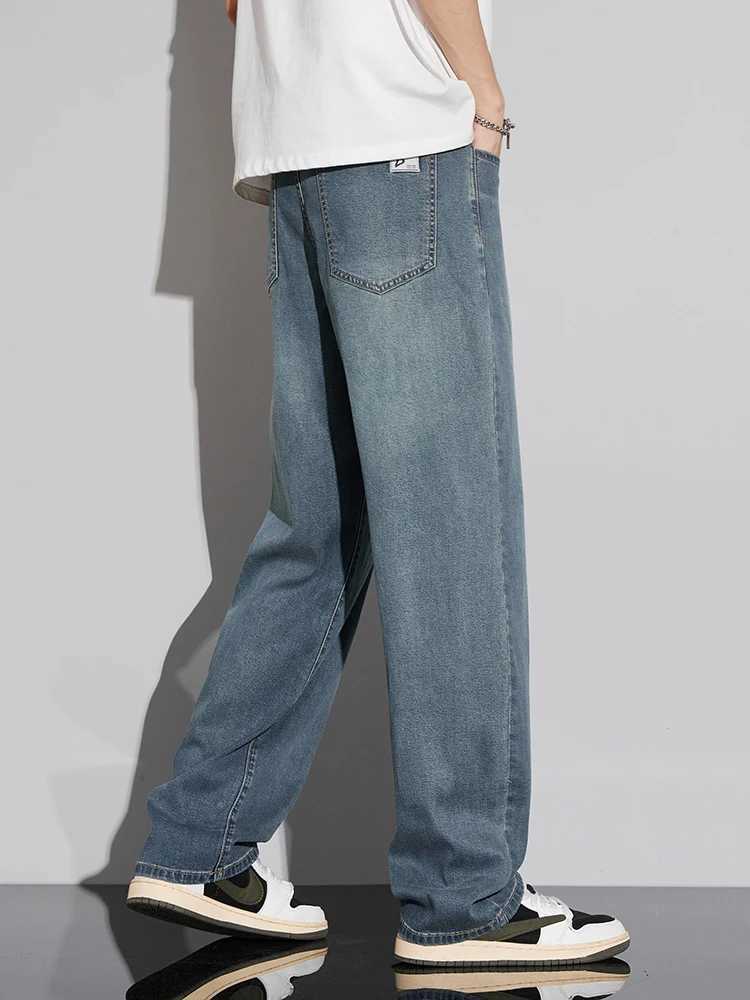 Summer Ultra-thin Lyocell Mens Jeans Soft Drape Loose Comfortable Wide-leg Ice Silk Pants Retro Elastic Casual Trousers M250610