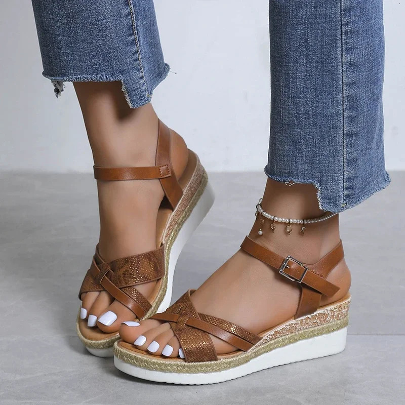 Summer Wedge Sandals for Women Buckle Strap Platform Rome Sandals Woman Open Toe Thick Bottom No-Slip Sandalias Mujer Plus Size 250604