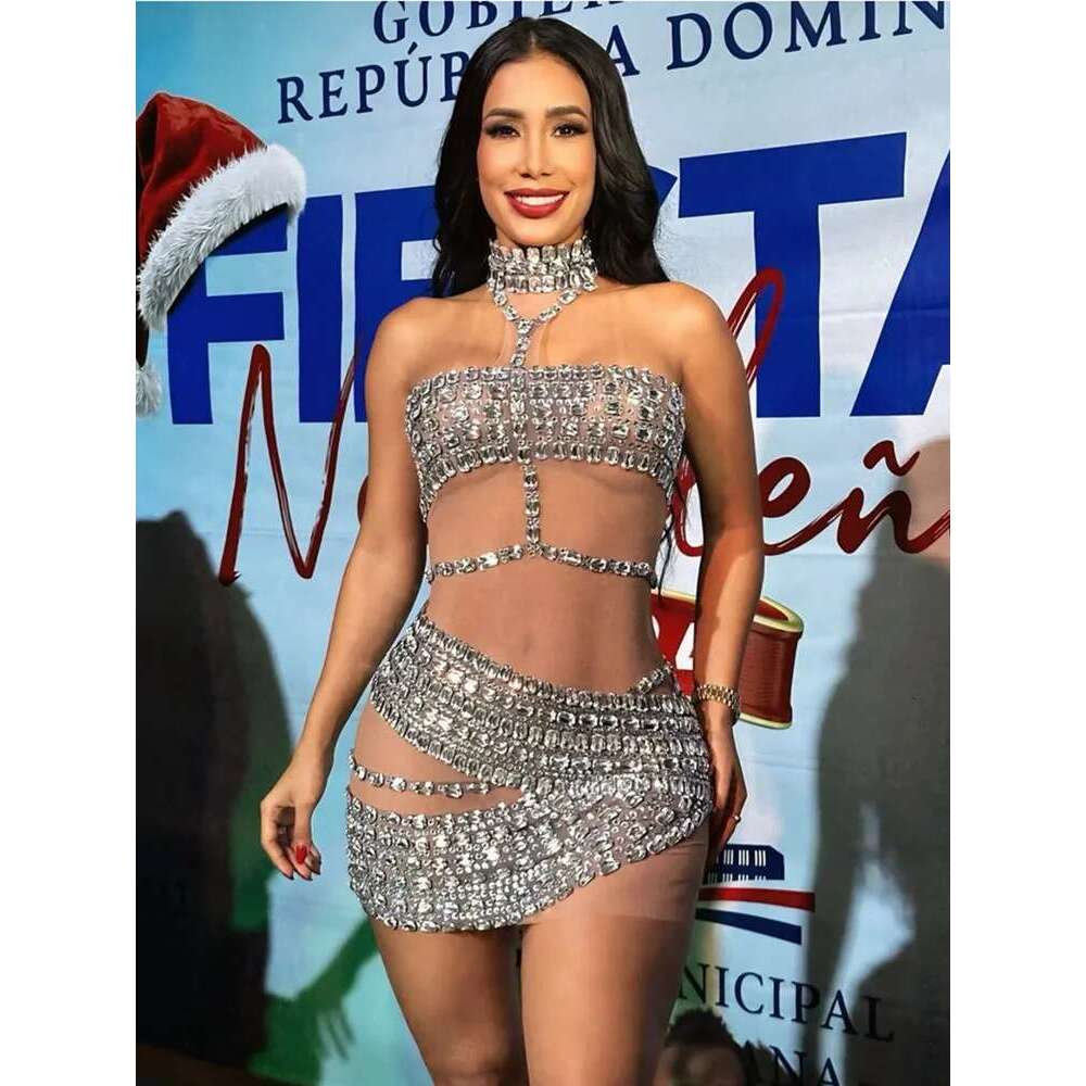 Ladies Celebrity Women Sexy Tank Crystal Dias Mesh Mini Dress Birthday Party Costume Bar Nightclub Stage Performance Outfit
