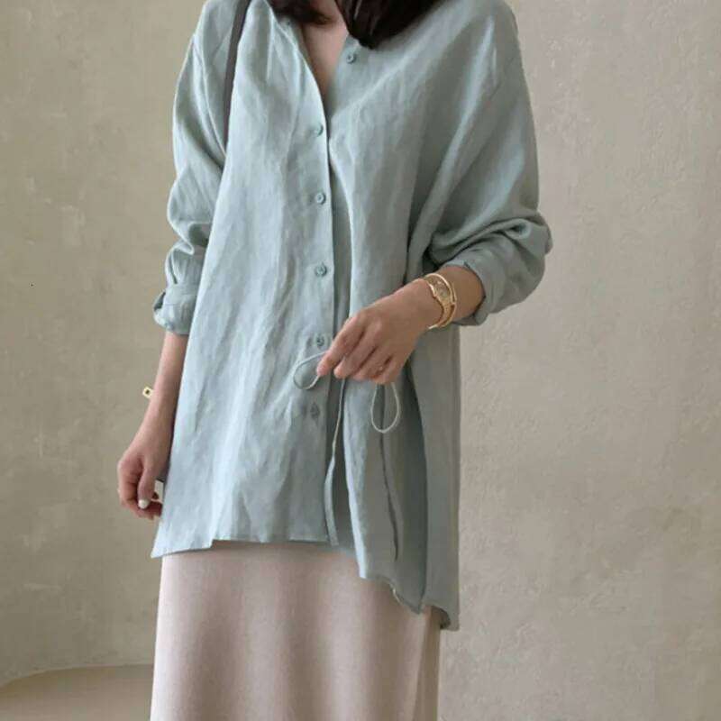 EAEOVNI Sunscreen Linen Blouse For Women Lace-Up Split Design Long Sleeve Solid Color Shirt 2025 New Clothing 1A1140