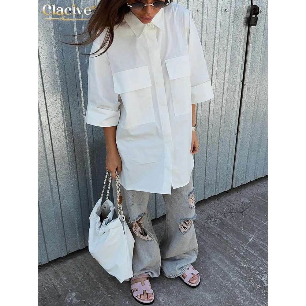 Clacive Fashion Loose White Cotton Women's Blouse Casual Lapel Short Sleeve Shirts Elegant Classic Pockets Tops Female Clothing