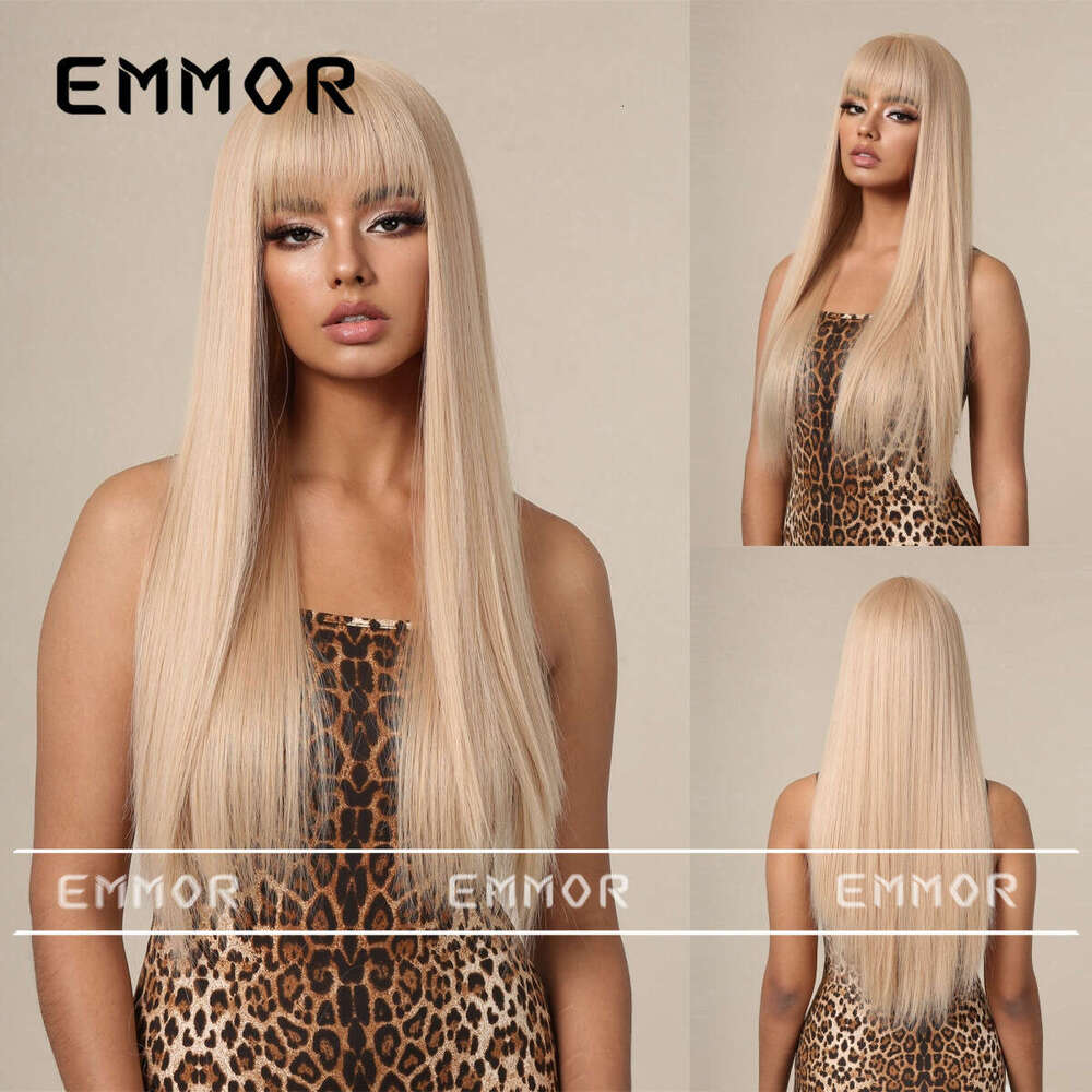 2024 New Product Bangs Champagne Brown Long Straight Elegant Goddess Wig Full Head Hairstyle Hair