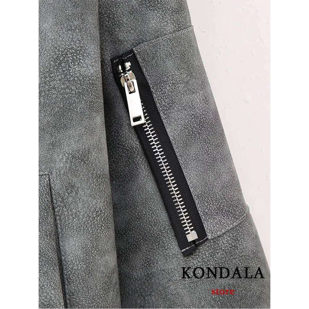 KONDALA Chic Solid Gray Faux Leather Streetweat Long Sleeve Zipper Jacket Fashion 2023 Autumn Casual Cool Y2K Pockets Outwear