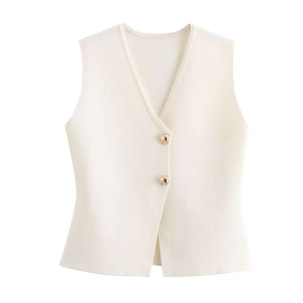 Autumn Women's Solid Color Slim Fit Gold Button Decor Knitted Vest Top B5