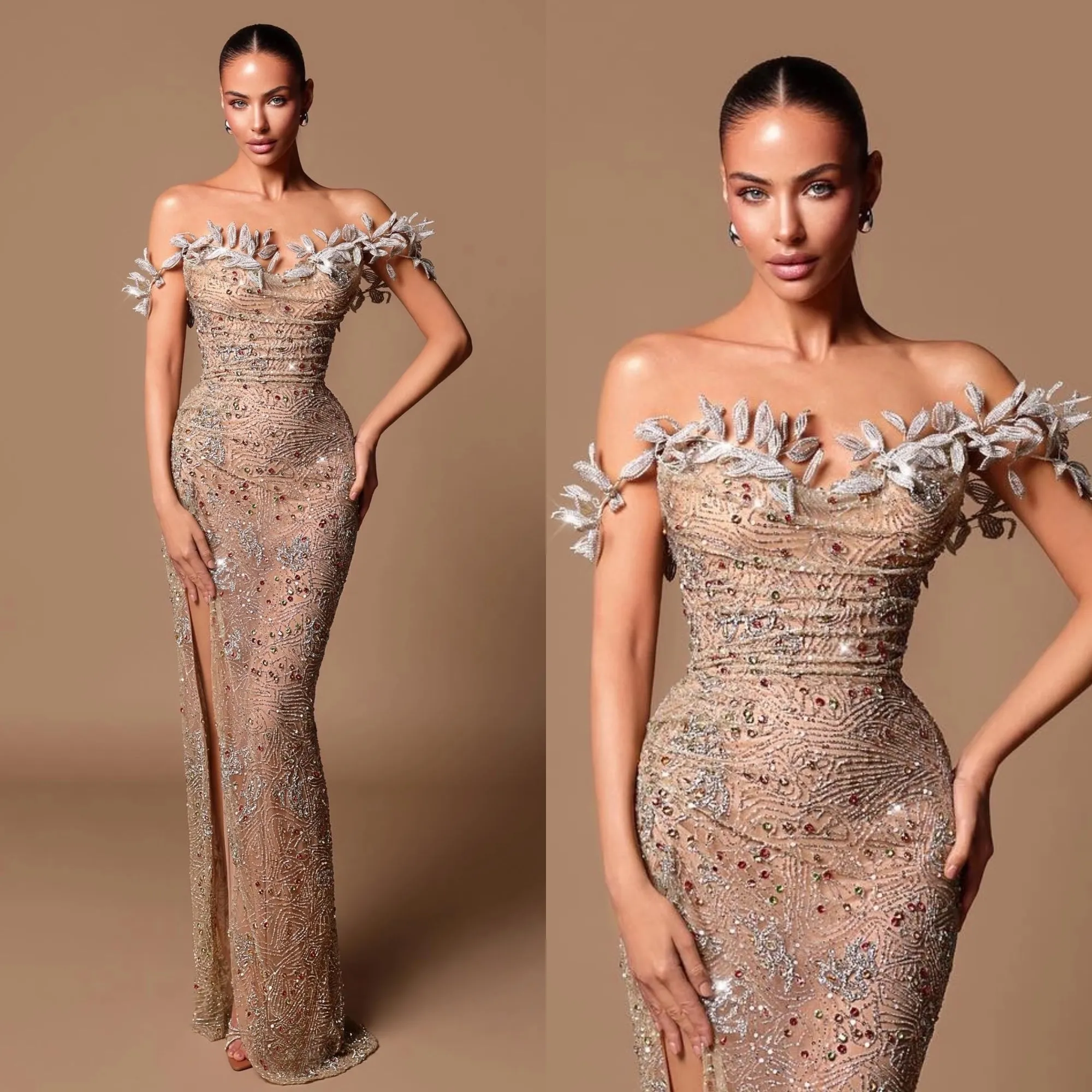Gorgeous Rhinestones Prom Dresses Elegant Leaf Appliqued Beaded Evening Dress Side High Split Celebrity Party Gown Customized