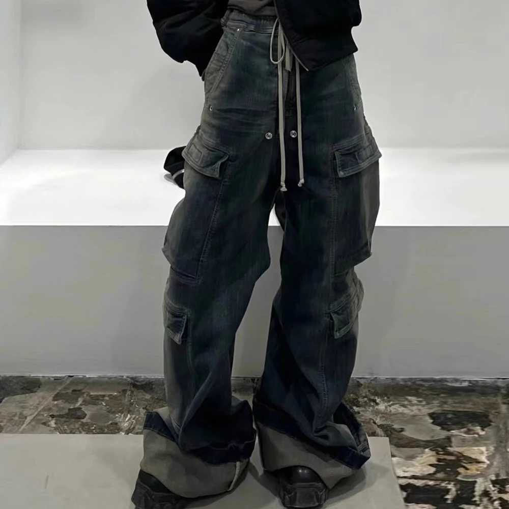 RO Style Gradient Ribbons Multi-pockets Drawstring Jeans for Men Harajuku Streetwear Baggy Y2K Denim Trousers Oversized Cargos M250610