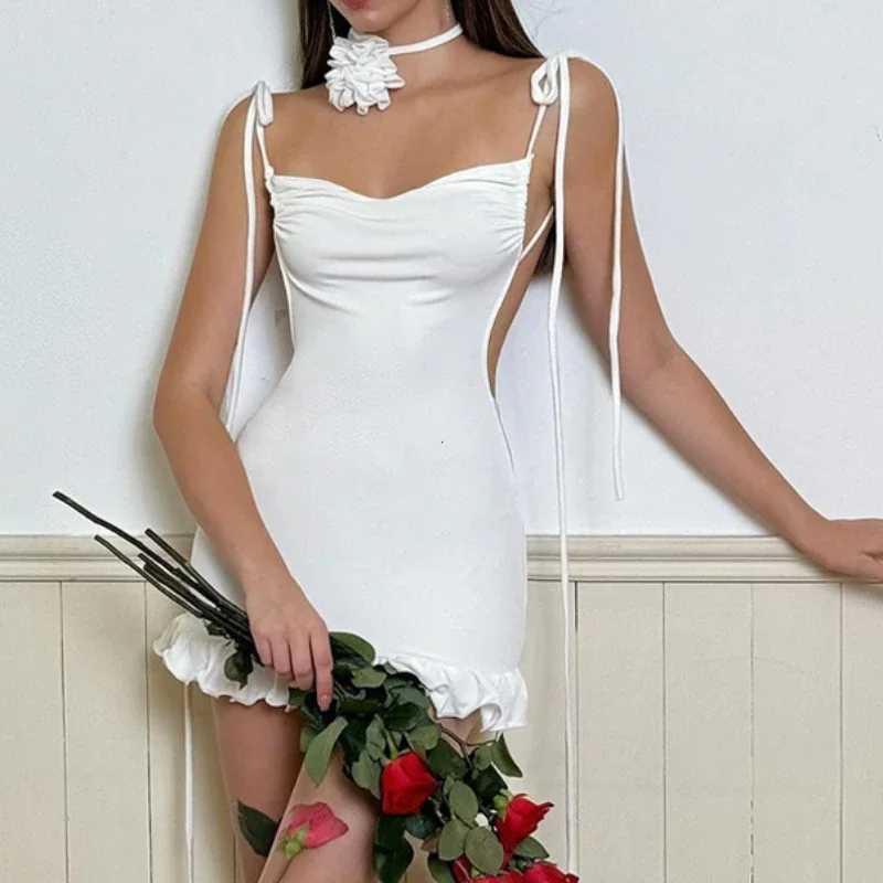 Summer Sexy Mini Dress Women Sleeveless Streetwear Strap Backless Bodycon Folds Split Dress Party Club Elegant A-LINE Dresses XJ250610