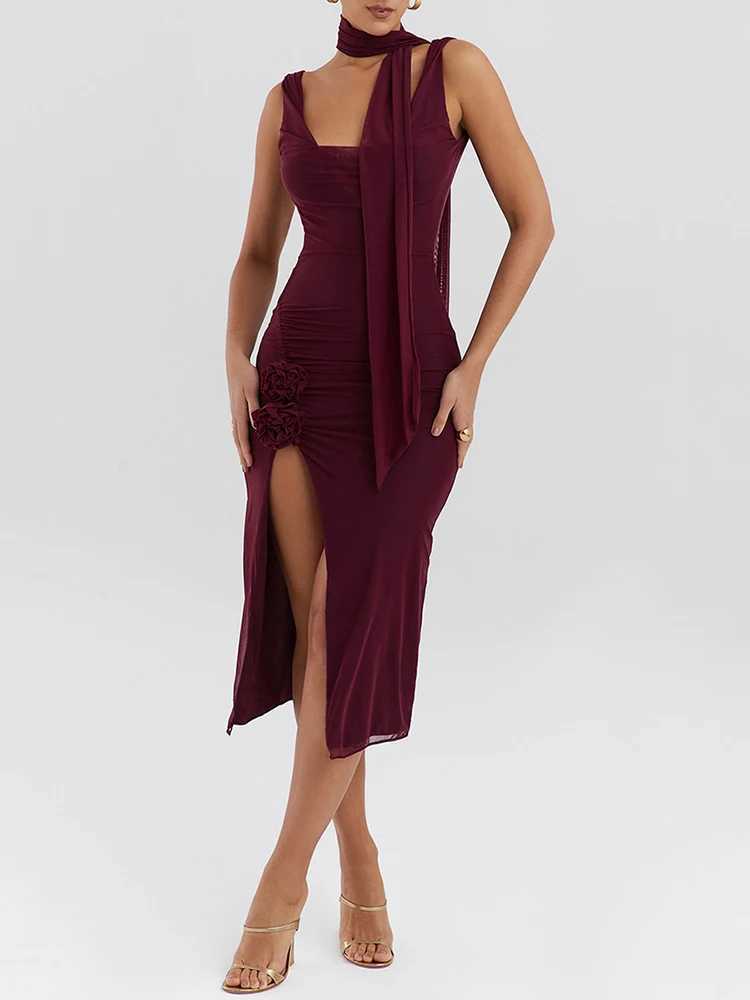 Mozision Elegant Flower High Split Sexy Midi Dress For Women Two Layer Mesh Sleeveless Backless Bodycon Club Dress Party Outfits XJ250610