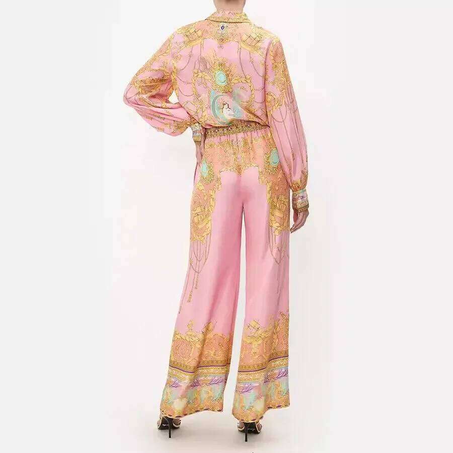New Europe And The United States Leisure Long-Sleeved Pink Printed Shirt Trousers Two Sets Of Women