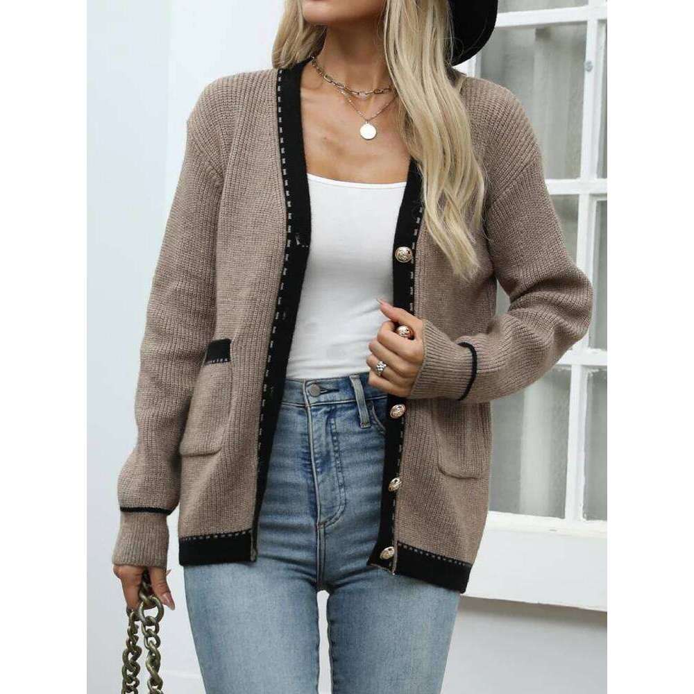 Aoaiiys Knitted Cardigan Women Sweater Contrast Color Single Breasted V-neck Long Sleeve Coat Autumn Winter Fashion Cardigans