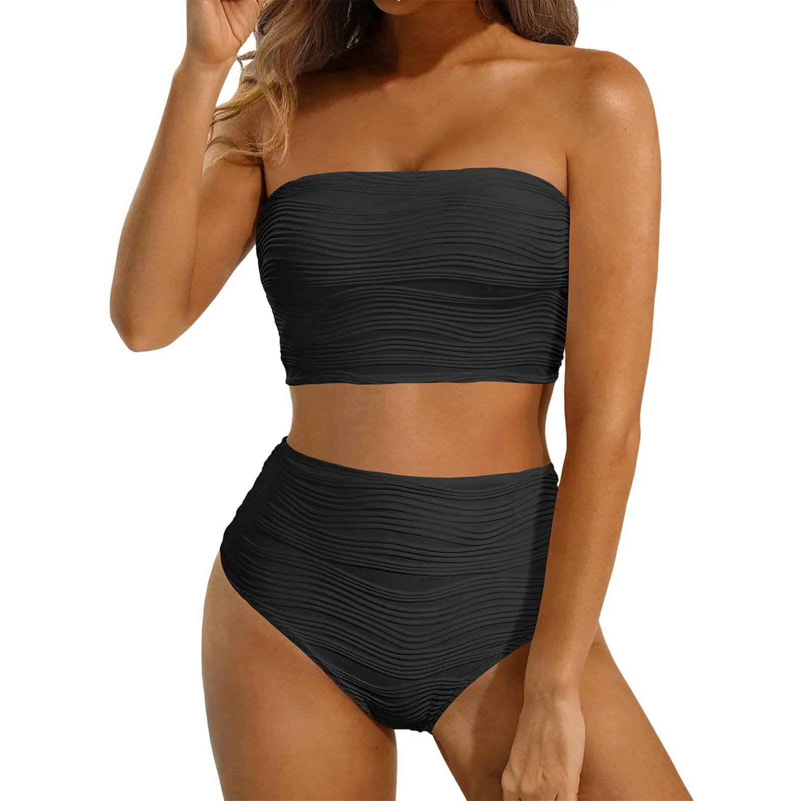 Strapless Solid Tankinis Set Ribbed Beachwear High Waist Bikini Swimsuits Bather Bathing Swimwear Women 2025