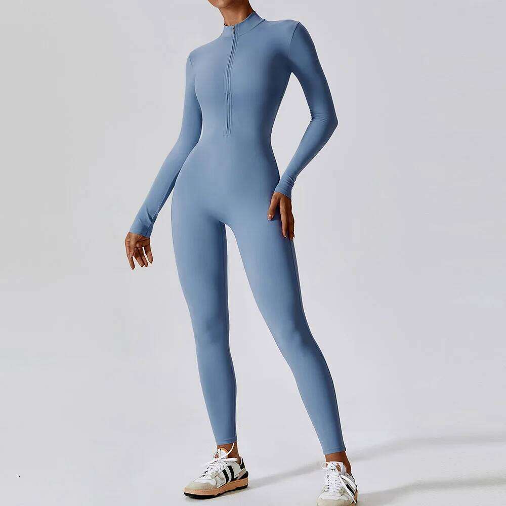 Yoga Women Seamless Sports Zipper Jumpsuit Set Long Sleeve Fiess Suit Elastic Gym Workout Bodysuit Wear