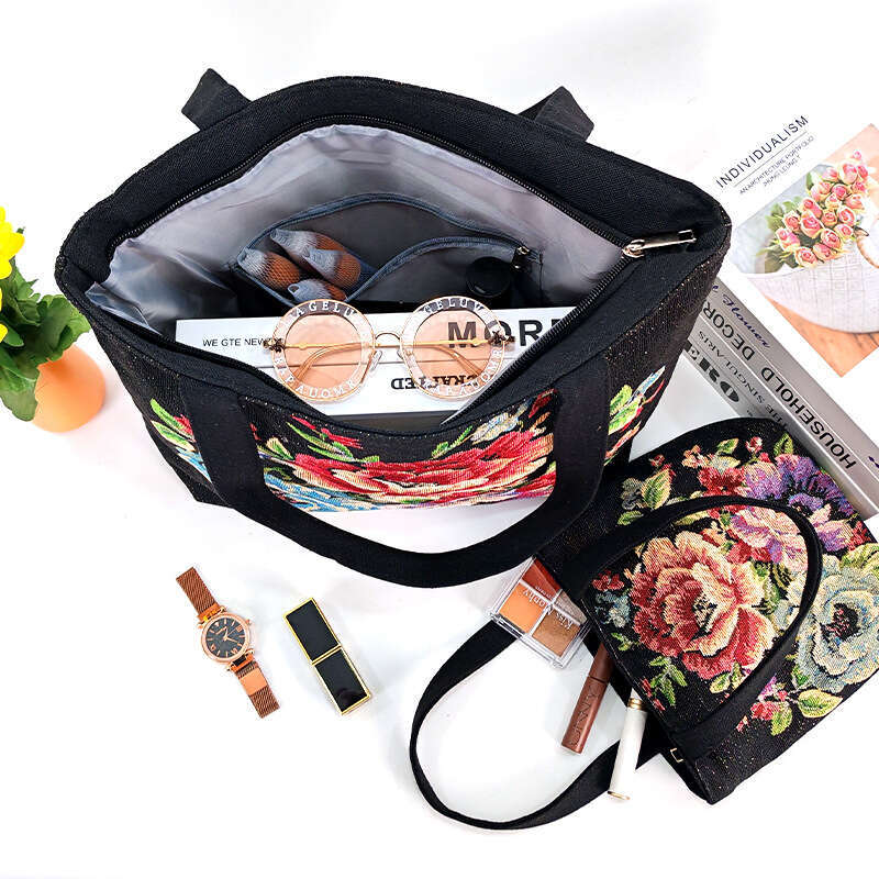 Canvas Tote Jacquard Embroidery Handbag Ethnic Style Office Casual Zipper Small Handheld Bag