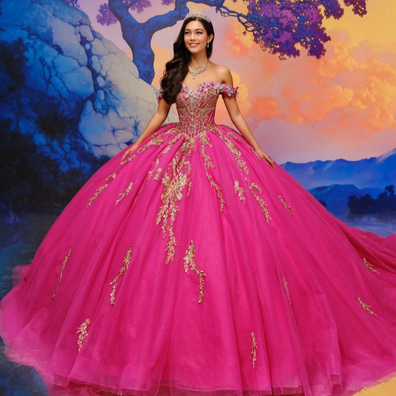 Rose Red Shiny Quinceanera Dresses Ball Gown Off The Shoulder Gold Applique Beading Crystal Bow Tull Sweet 16 Dress Vestidos 15 De Anos