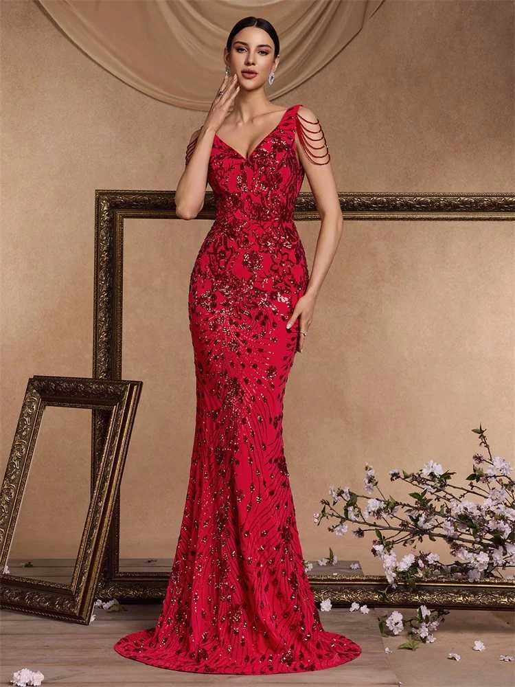 Elegant Deep V-Neck Red Sequin Formal Evening Dresses Women 2024 Beading Wedding Party Mermaid Cocktail Prom Gown XJ250610