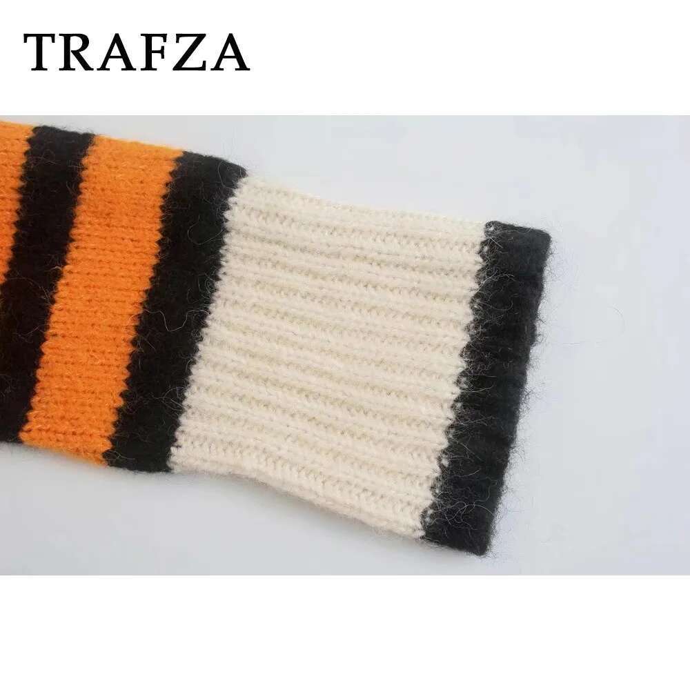 TRAFZA Fashion 2024 Autumn Striped Patch Orange Pullover Turtleneck Oversized Streetwear Women Sweater Winter Casual Knitwear