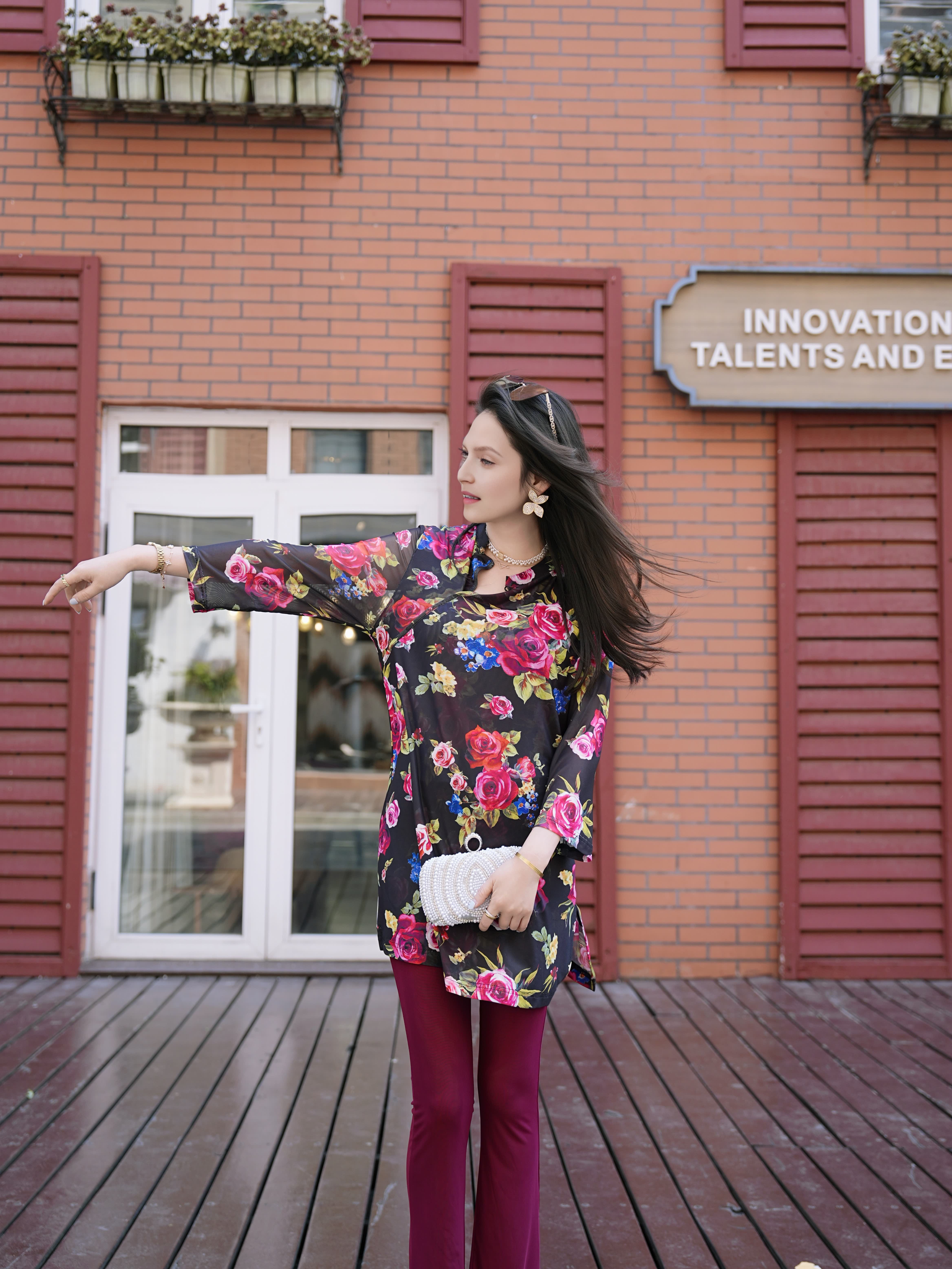 HZHJ original black floral wide cut long sleeved top, high-end and elegant Western style, red mesh pants on daily,festival,business be gift for mom an