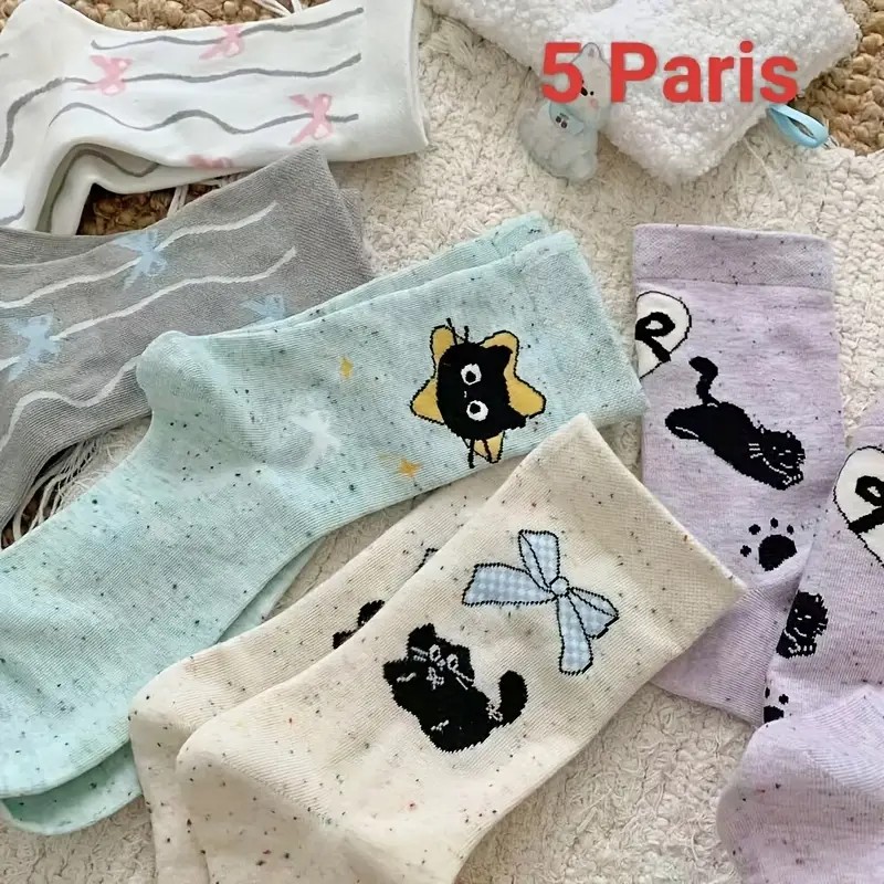 Women's Mid-Calf Socks - Adorable Cat & Bowknot Design, Soft Pastel Color Palette, Fun Cartoon Patterns, Suitable for Casual & Formal Wear, Soft 
