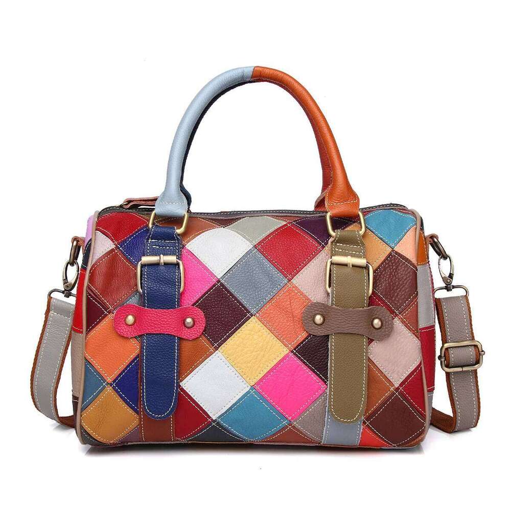 Fashion Genuine Leather Patchwork Handbag Plaid Color Contrast One Shoulder Ladies Boston Women Pillow Bag