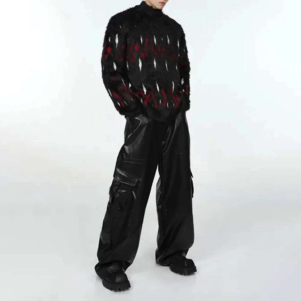 Mens Sweater Punk Goth Y2k Knitted Pullover Shaggy Faux Fur Streetwear Turtleneck Baggy Fit Winter Fashion Tops Men's Clothes