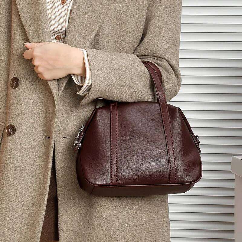 Women's 2025 New Fashion Simple Design Genuine Leather First Layer Cowhide Single Shoulder Boston Pillow Bag Hand Bag 2898