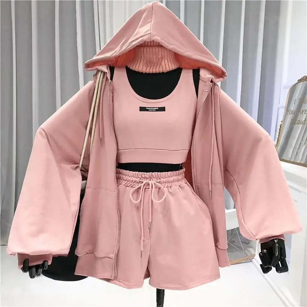 Casual 3 Piece Sets Women VestShortsHooded Zipper Jacket Sportswear Suits Solid Color Sports Tracksuit Women chandals mujer 250609