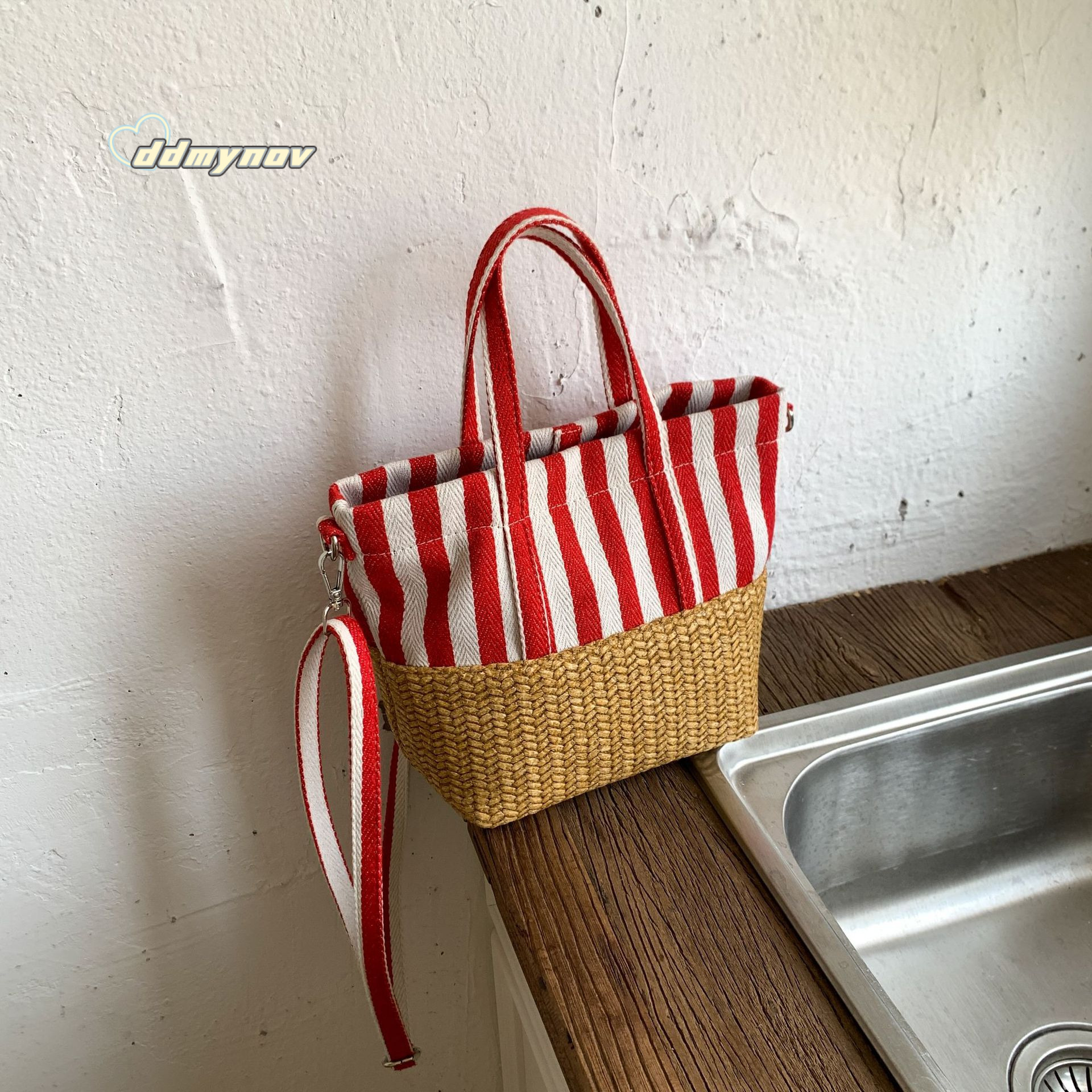 Niche Plaid Woven Canvas Fashion Tote Large Capacity Patchwork Casual Shoulder Crossbody Bag ddmynov