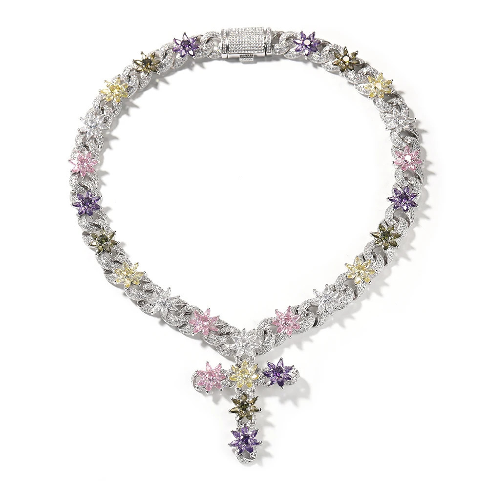 Uwin Colorful Flower Cuban Chain Full Paved Iced Out Bling Cubic Zirconia Cross Charms Baguette CZ Cuban Chain HipHop Jewelry 250609