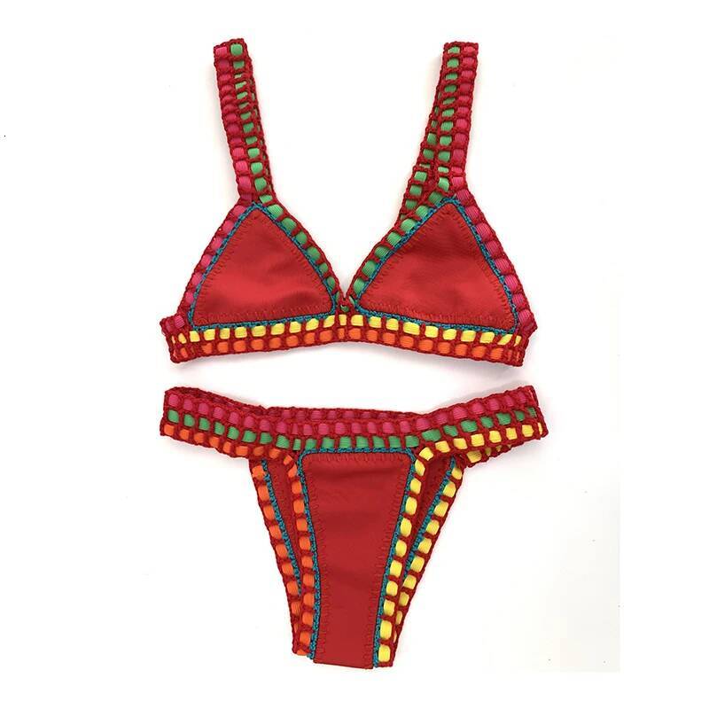 Women Boho Sexy Swimwear with Elastic Handmade Red Crochet Beachweaar 2 Pieces Bikini Set Poolside Wear Vacation Outfits