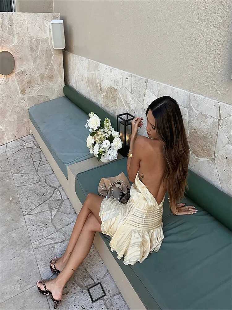 Halter Ruffle Mini Dress Women Sexy Sleeveless Backless Lace Up Party Dresses 2025 Summer Beach Fashion Vacation Lady Short Robe XJ250610