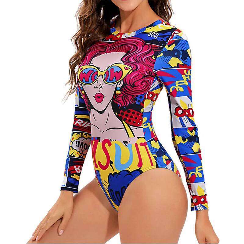 Summer One Piece Swimsuit Personalized Abstract Printed Surfing Sport Long Sleeves Swimwear For Women Bathing Suit