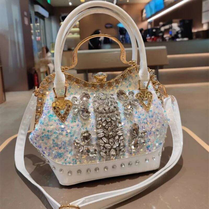 Designer Luxury Spring New Crystal Sequin Horizontal Large-Capacity Metal Button Handbag Banquet Dress One-Shoulder Cross-Body Women's Bag