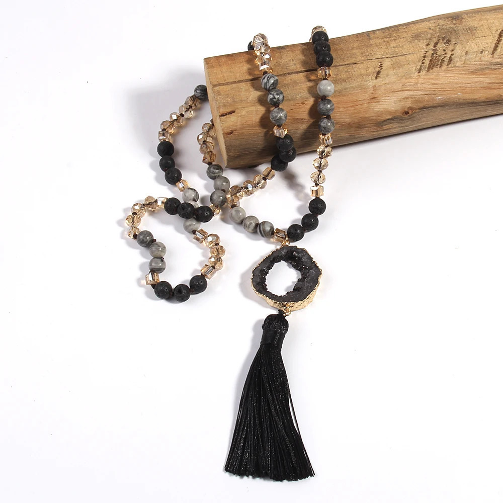 Fashion Bohemian Jewelry Natural Stones Glass Knotted Druzy Stone Links Tassel Necklaces For Women Gift 250604