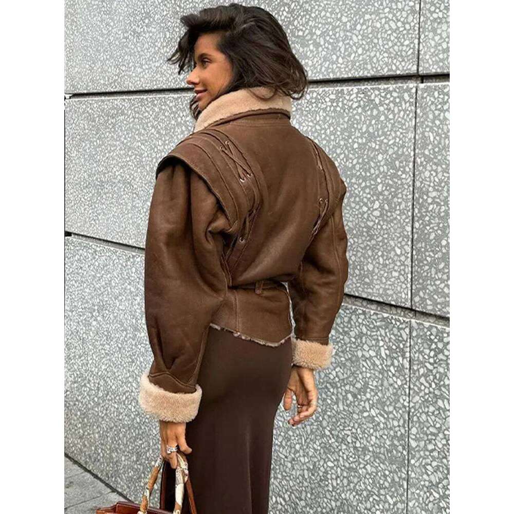 Suede Lace-Up Jacket Coat French Retro Brown Women Leather Jackets With Belt Waist Cinching Slim Fit Winter Overcoat