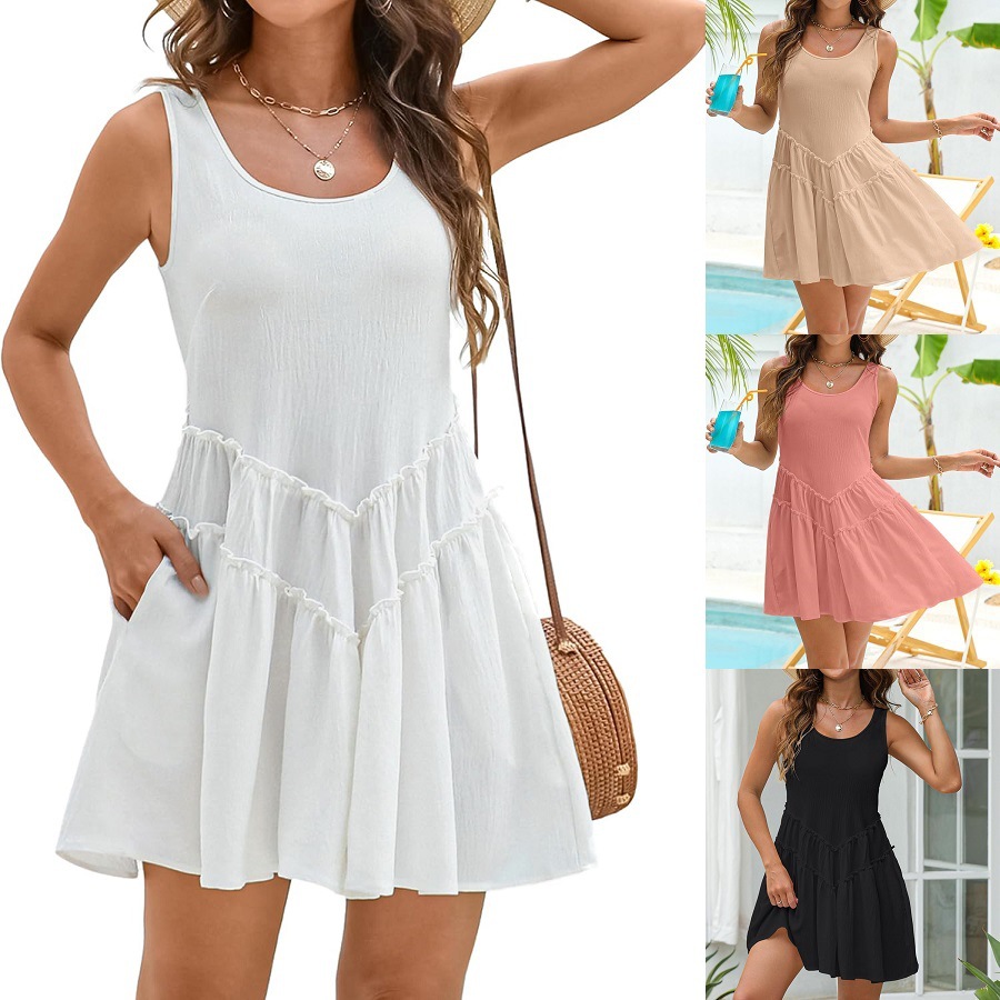 B223Women's 2025 New Elegant Beach Sun Protection Dress U Neck V Lace Pocket Dress